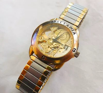 Brittania V-121 Mens Gold & Silver Skeletal Wind Up Wrist Watch • $47.50