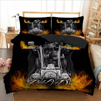 Skull Gothic Motorcycle Doona Duvet Quilt Cover Set Queen King Size Bed Linen AU • $13.70