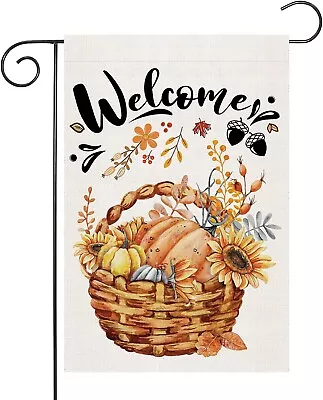 Welcome Fall Thanksgiving Pumpkin Basket  12x18 In. Burlap Garden Yard Flag • $12.95