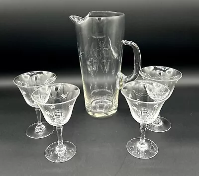 Mid Century Modern Atomic Star Burst Martini Set Pitcher 4 Glasses Vintage 1950s • $45