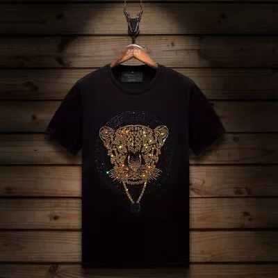 New Fashion Leopard Rhinestones Short Sleeve Luxury Men Black White T-Shirt • $33.90