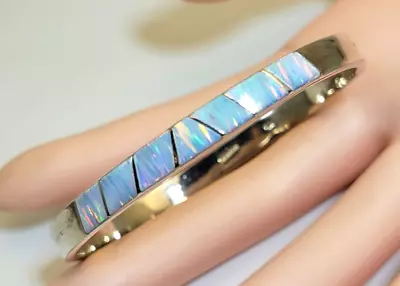 Vintage Sterling Mexican Created Rainbow Opal Inlay Hinged Bangle Bracelet 22 G • $149