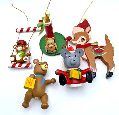 Lot Of 5 Vintage Miniature Wooden Animal Ornaments Rudolph Candy Cane Bear 3-5  • $16.45