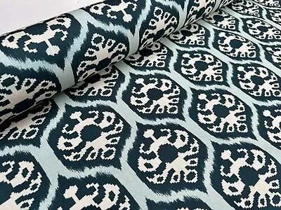 Blue Ikat Floral Fan Damask Flower Fabric Paisley Deco Cotton 288cm Wide • £1.20