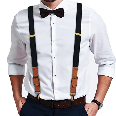 Men's Suspenders Y Back Adjustable Leather Elastic Y-Shaped Hooks Pants Braces • $9.95