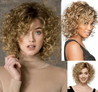 100% Human Hair New Women's Short Dark Blond Curly Full Wigs 12 Inch Perücken • $15.55