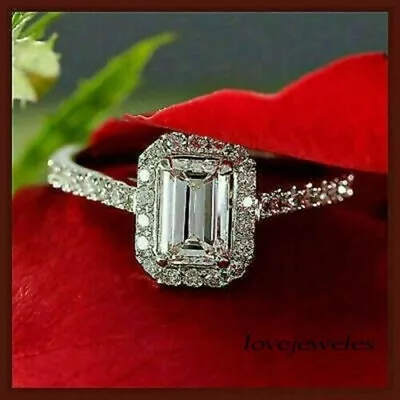 2CT Emerald Cut Real Moissanite Halo Engagement Wedding 925 Silver Ring • $155.82