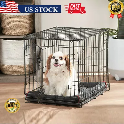 Folding Dog Crate Single-Door Pet Cage Metal Wire W/ Divider Tray Small Kennel • $27.50