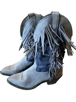 VTG Wrangler Women’s Boots Grey Fringe Leather Denim Cowboy Western 7.5M USA MDE • $39.09