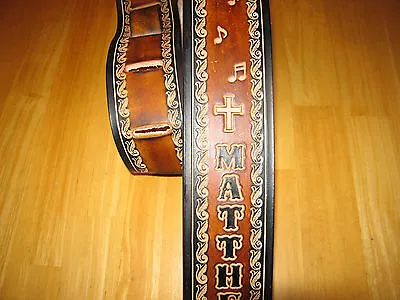 Custom Made Leather Guitar Strap (with Your Name) Music Notes & Crosses 2 1/2   • $75