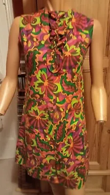 Vintage 60s Bright Psychedelic Cotton Dress With Ruffles At Neck Size 8 • £24.50