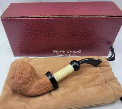 Mario Grandi UNSMOKED Tobacco Pipe Brown W/ White Ring Shaft Black Curved Mouth • $169.99