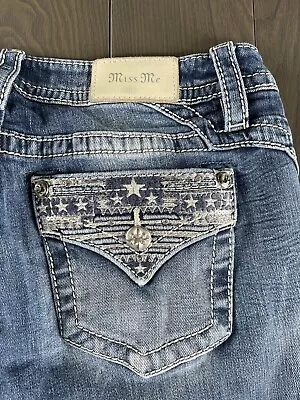 Miss Me Jeans Curvy Straight Womens 34x34 Blue Premium Embellished Stretch Denim • $39.99