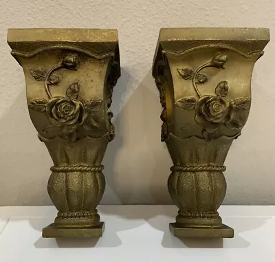 Vtg Ornate Resin Floral Botanical Roses Green Gold Corbel Sconce Lot 2 • $40