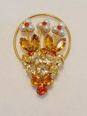 Vintage Colorful Faux-Pearl & Open Back Rhinestone Floral Spray In Vase Brooch • $18.99