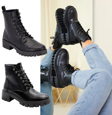 £17.95 • Buy Ladies Lace Up Ankle Boots Chunky Platform Womens Biker Combat Chunky Shoes Size
