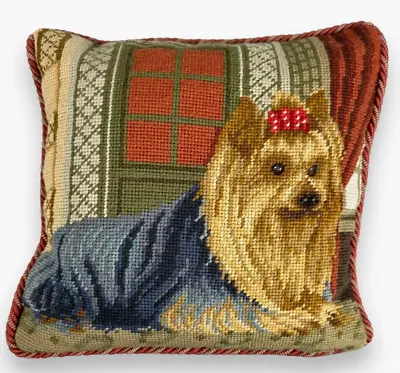Needlepoint Pillow Yorkshire Terrier 12”x12” Vintage Wool Throw Cushion Yorkie • $14.99