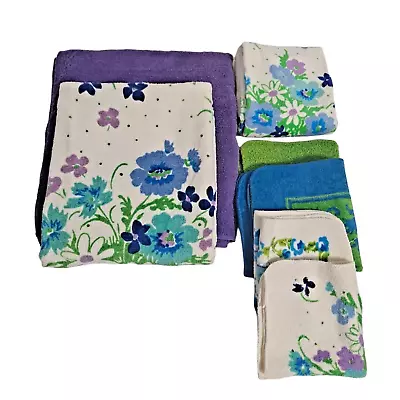 Vintage Martex Bath Hand Towel Washcloth Floral Purple Retro 60s 70s Set X 7 • $59.99