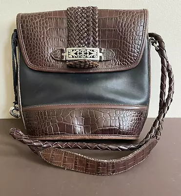 Vintage Brighton Black/Brown Croc Trim Small Bucket Crossbody Shoulder Bag • $29.96