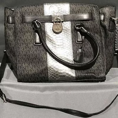 Michael Kors MK Designer Hamilton Blk Silver Crossbody Stripe Bag Purse Handbag • $99