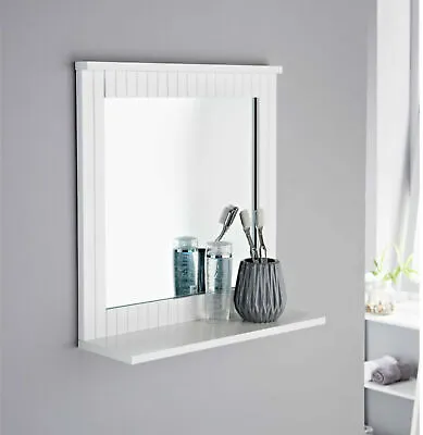 MAINE White Bathroom Wood Frame Mirror Wall Mounted With Cosmetics Shelf  • £15.79