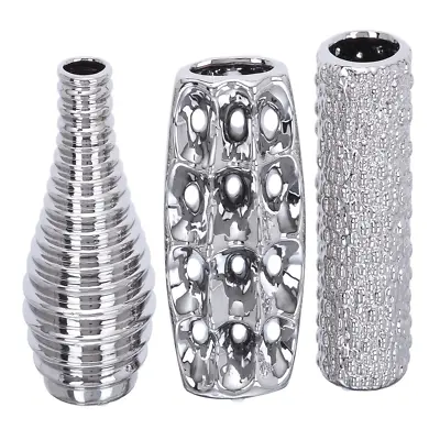 Silver Ceramic Vase Set Of 3 – Modern Home Decor 5.00 X 5.00 X 8.00 Inches • $26.93