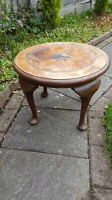 Antique Small Veneer Flower Design Round Table With Queen Anne Legs • £35