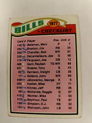 1977 TOPPS FOOTBALL SET #203 Buffalo Bills Team Checklist O.J. Simpson • $1.50