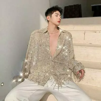 New Men Long Sleeve Shirt Youth Loose Tie Party Tassel Glitter Sequins Shirts D • $40.41