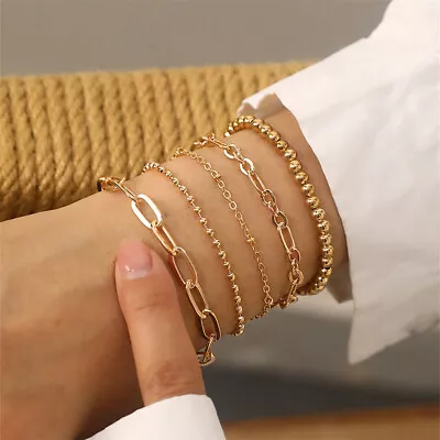 5Pcs Bohemian Gold Color Bracelets Set For Women Adjustable Beaded Brace<>i • $16.46