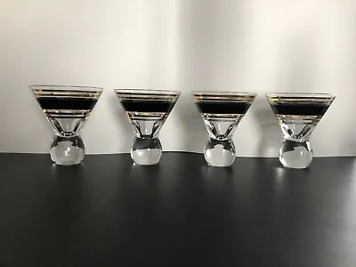 Mini Martini Style Cordial Shot Glass Set Of 4 Retro Vintage Black And Gold • $18