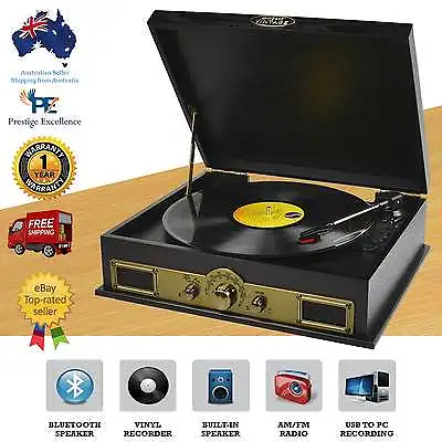 $175.65 • Buy Vintage Record Player Vinyl Turntable USB AM FM Radio Wireless Bluetooth Speaker