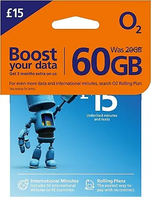 2 For 99p O2 Big Bundle 60GB + UNLIMITED Calls Tx Pay As You Go 02 SIMCARD SIM • £0.99