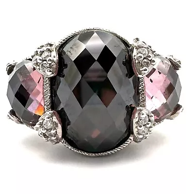 Judith Ripka Sterling Silver 3 Stone Amethyst/CZ Ring-Size 6-10.8 Grams-A2816 • $89.99