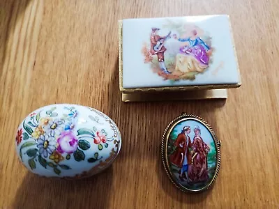 3 Lovely Vintage Limoges Porcelain Miniature Items Matchbox Holder Brooch Etc. • £5
