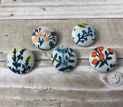 5 Vtg Nos Cloth Fabric Covered Shank Buttons 7/8”Blue Pink White Floral Flower • $14.99