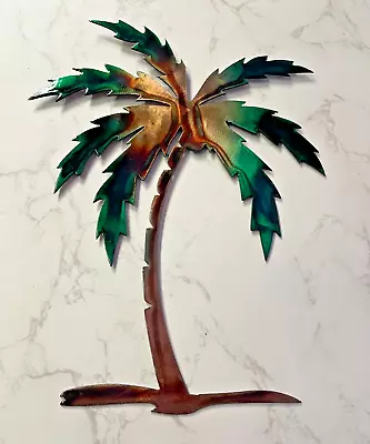 Palm Tree Metal Wall Art Décor 14  Tall Right Facing Marbled Green Copper/Bronze • $45.99