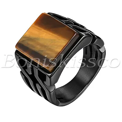 Men's Retro Glossy Stainless Steel Tiger Eye Stone Patterned Band Ring Size 8-11 • $9.99