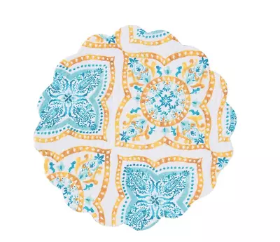 TERRACE MEDALLION Quilted Reversible Round C&F Placemat - Aqua Gold RustWhite • $10.50