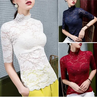 Women Floral Lace T-shirt Half Sleeve Top Stand-up Collar Hollow Sheer Blouse • $13.91