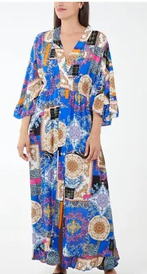 Dress Blue Multi Print Wrap Kimono Maxi • £6