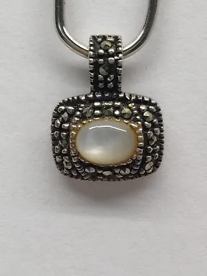 Vintage Sterling Silver Mother Of Pearl With Marcasite Pendant • $14.99