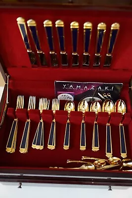 Yamazaki KRYSTALLOS-BLUE Gold Accent 66pc Stainless Flatware Set Service W/ Box • $1295