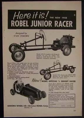 1958 Robel Junior Racer 1/4 Midget Racer Osborn Wheel Co. Vintage Ad • $8.99