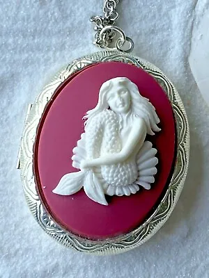 Mermaid White Pink Cameo Silver Locket Necklace Photos Gift Daughter Sister Bday • $21.90