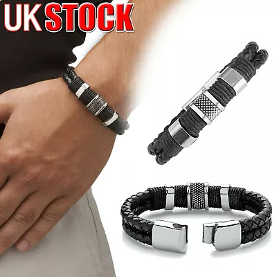 Men's Braided Genuine Leather Bracelet With Stainless Steel Magnetic Closure UK • £3.99