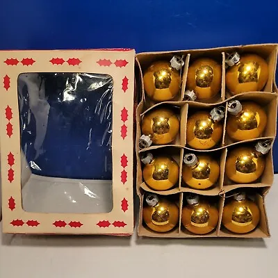 Vintage Coby Box Of 12 Glass Gold Colored 1.75  Christmas Ornaments Original Box • $10
