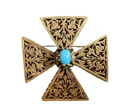Vintage ACCESSOCRAFT  N.Y.C  Maltese Cross Turquoise Pearls Brooch Pin Signed  • $58
