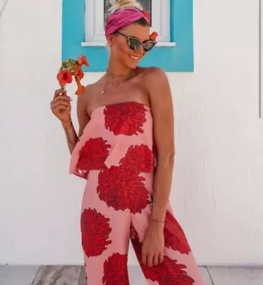 $66 • Buy EUC Mister Zimi Size 10 Lotus Print Arlo Jumpsuit Pink Red Boho Floral