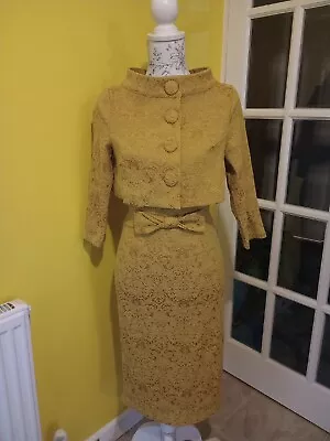 Lindy Bop Maybelle Mustard Yellow Twin Set Pencil Dress & Jacket Size 6-8 • £42